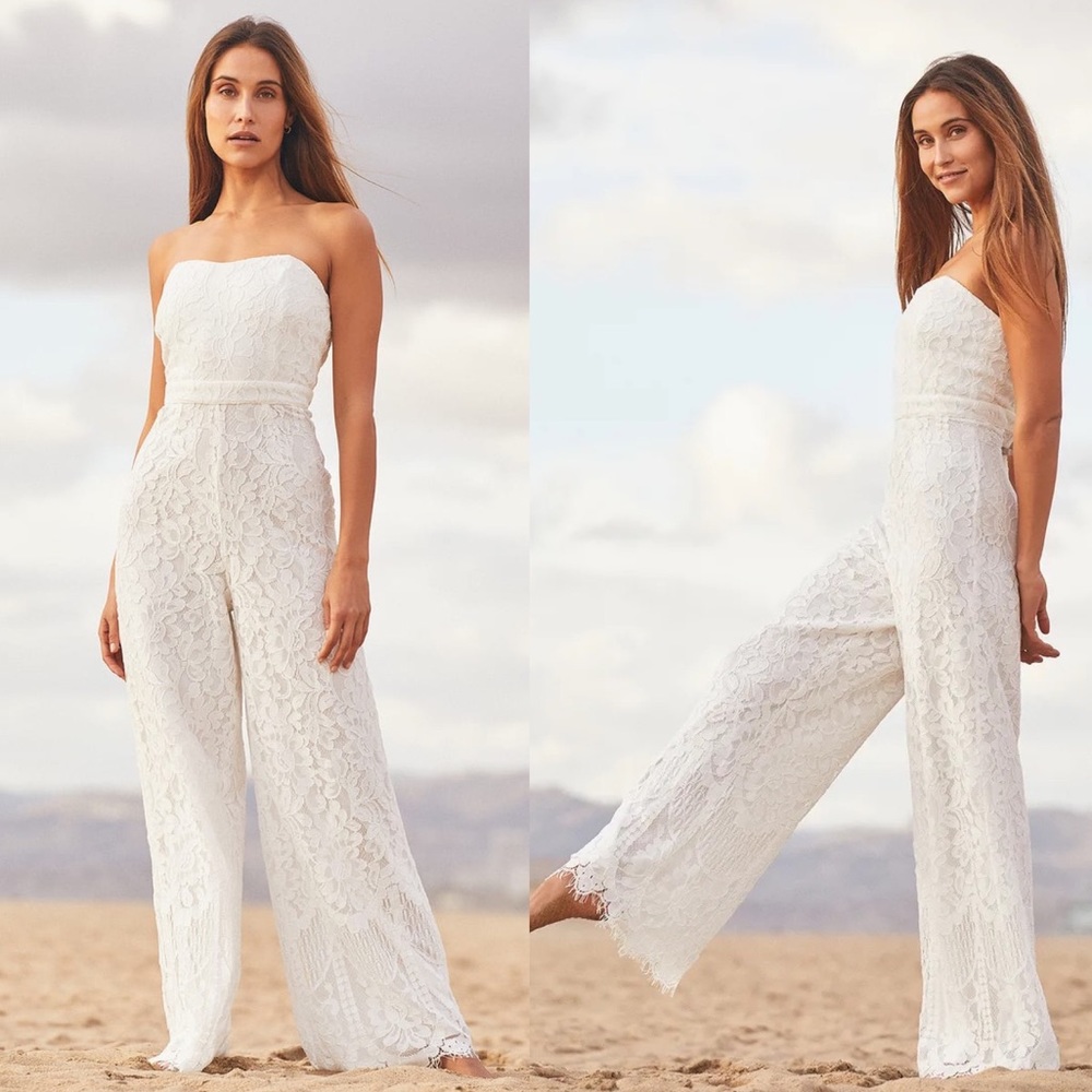 Lulu’s wonderful love lace strapless jumpsuit white
